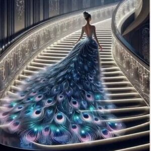 5D Diamond Art Kit DIY Elegant Lady on Staircase Peacock Feather Dress